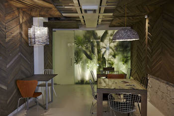 An interior of a café which has tables, the lights are made of paper and at the end of the room there is a transparent door behind which a large plant can be seen.